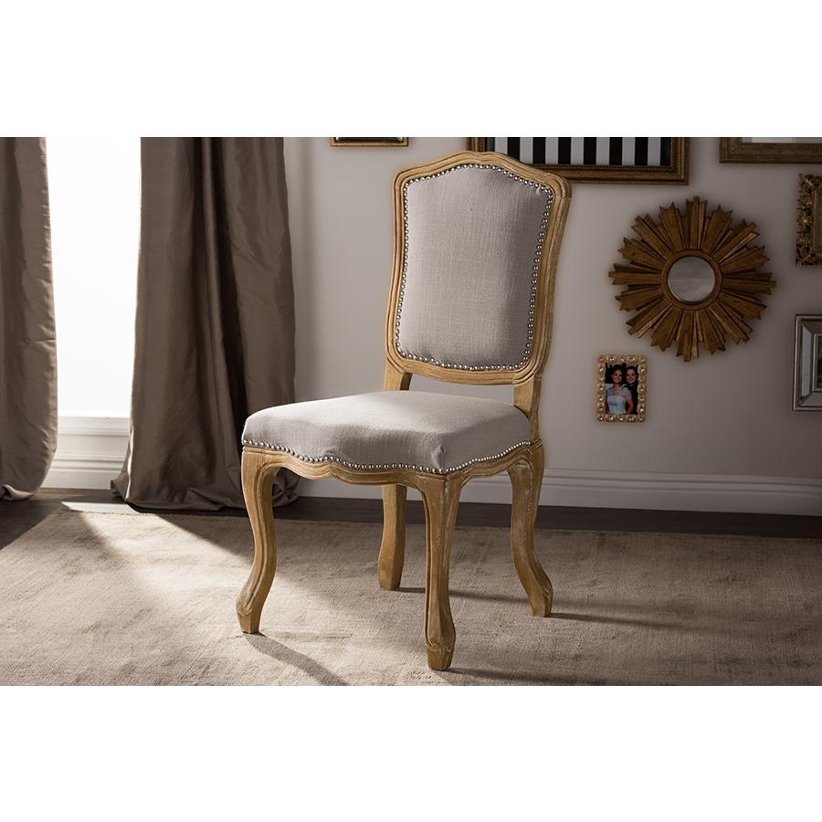 Cottage Weathered Oak Beige Fabric Upholstered Dining Side Chair. Picture 5
