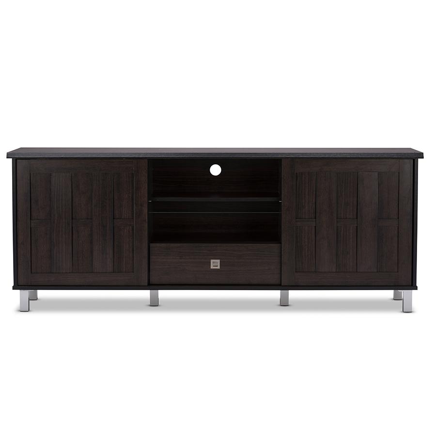 Unna 70-Inch Dark Brown Wood TV Cabinet with 2 Sliding Doors and Drawer. Picture 7