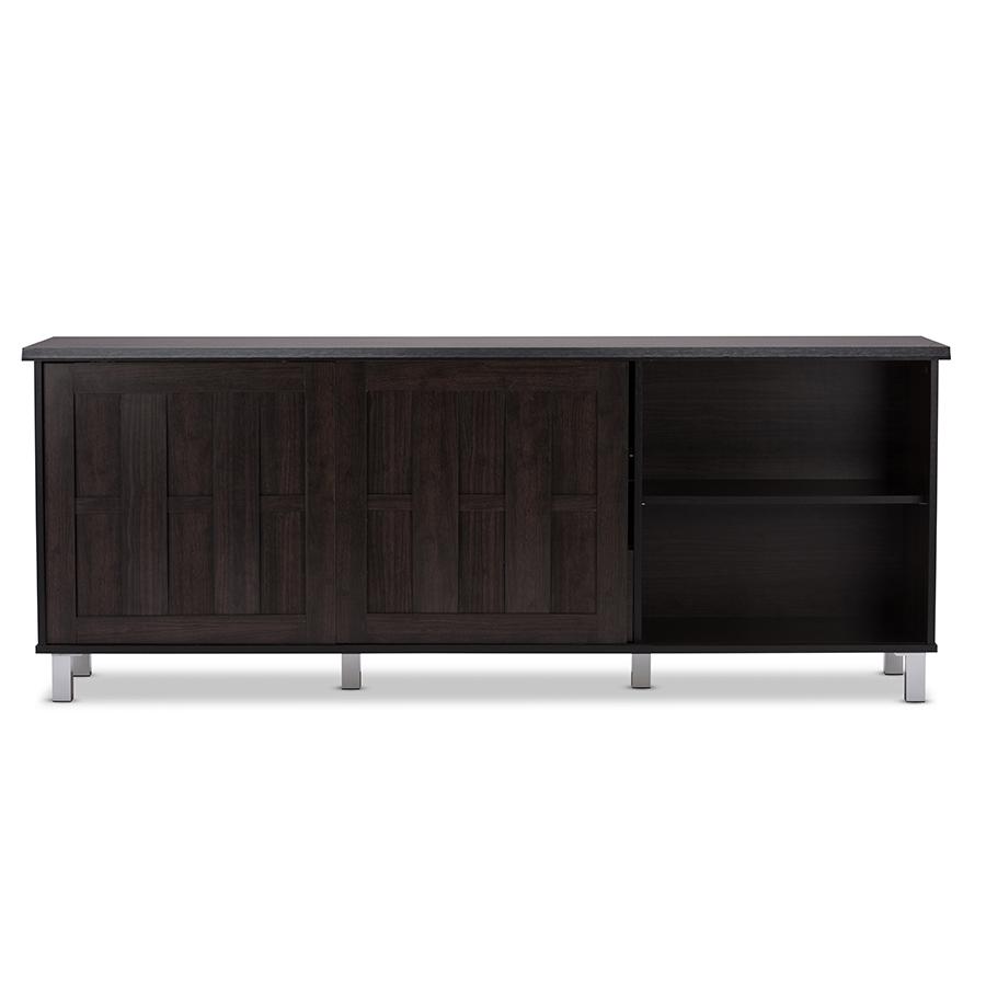 Unna 70-Inch Dark Brown Wood TV Cabinet with 2 Sliding Doors and Drawer. Picture 1