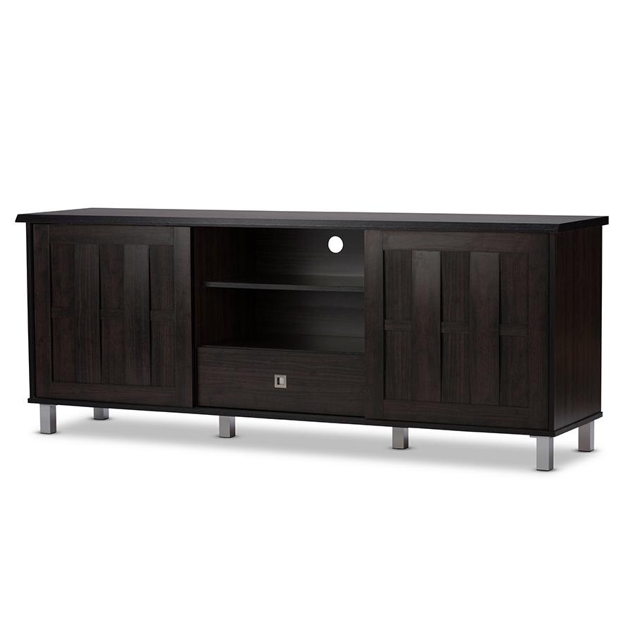 Unna 70-Inch Dark Brown Wood TV Cabinet with 2 Sliding Doors and Drawer. Picture 2