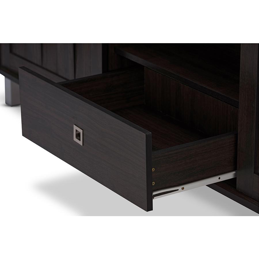 Unna 70-Inch Dark Brown Wood TV Cabinet with 2 Sliding Doors and Drawer. Picture 5