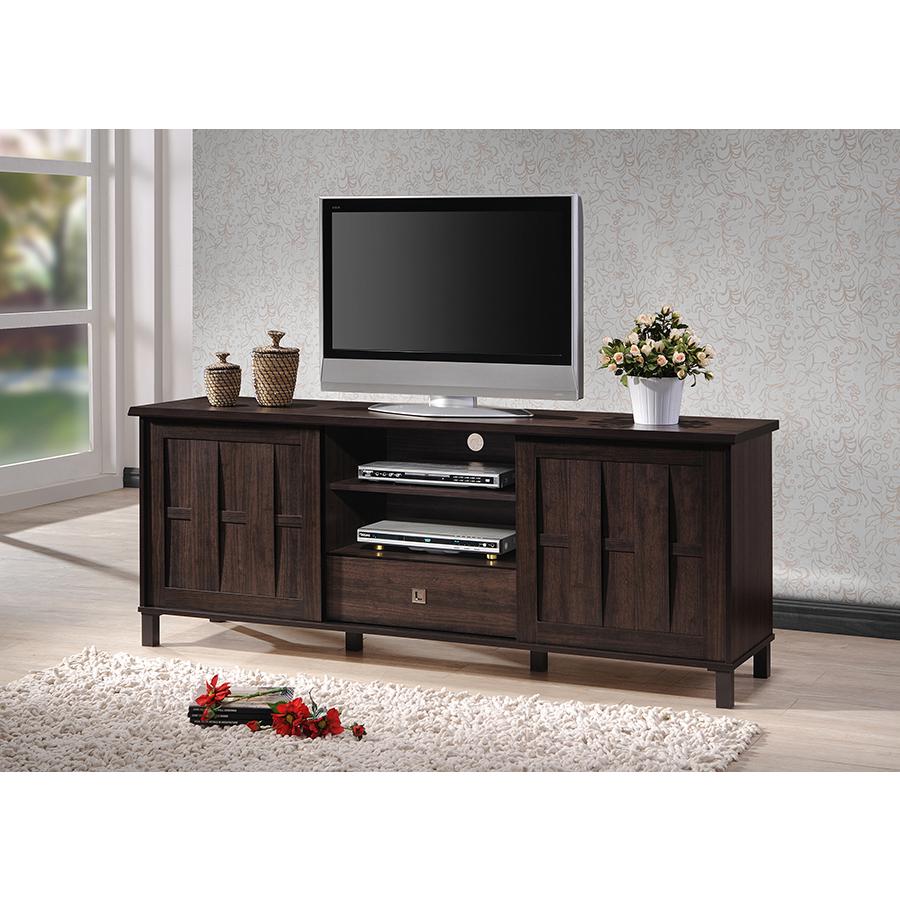Unna 70-Inch Dark Brown Wood TV Cabinet with 2 Sliding Doors and Drawer. Picture 6