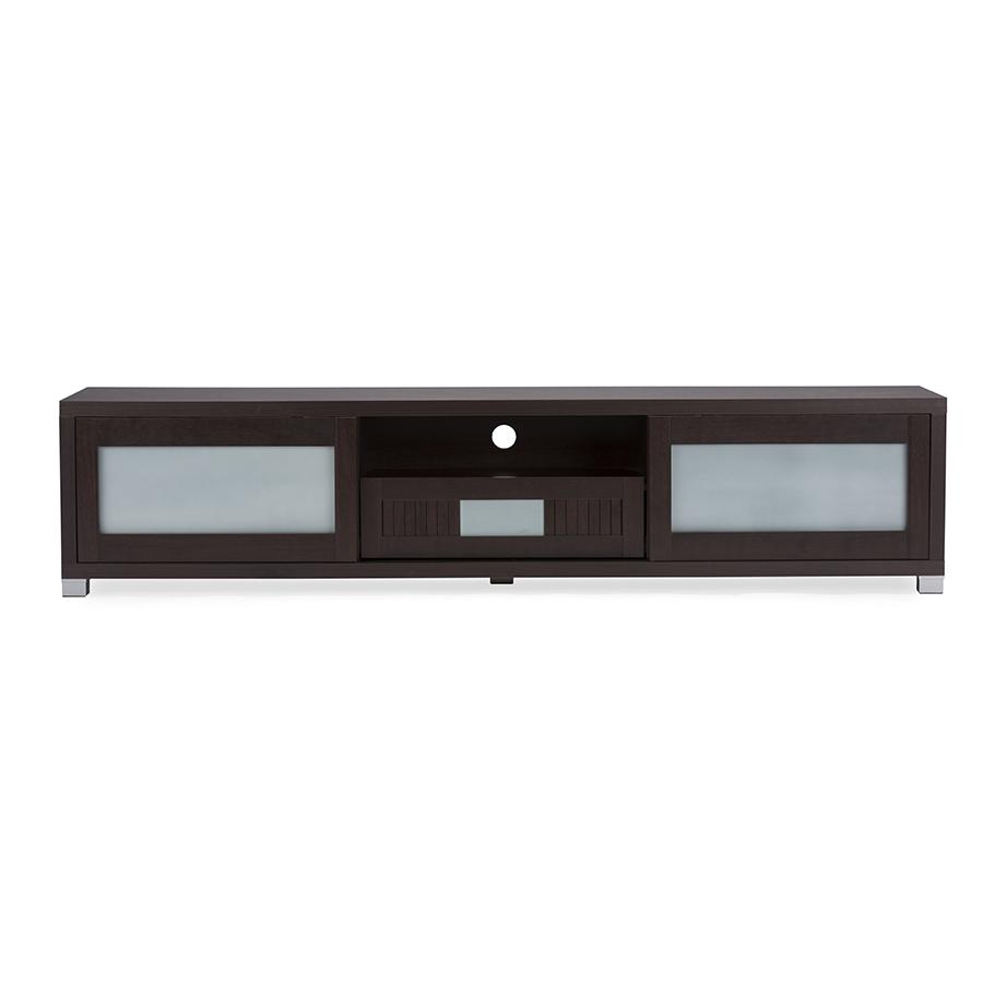 Dark Brown Wood 70-inch TV Cabinet with 2 Sliding Doors Drawer. Picture 1