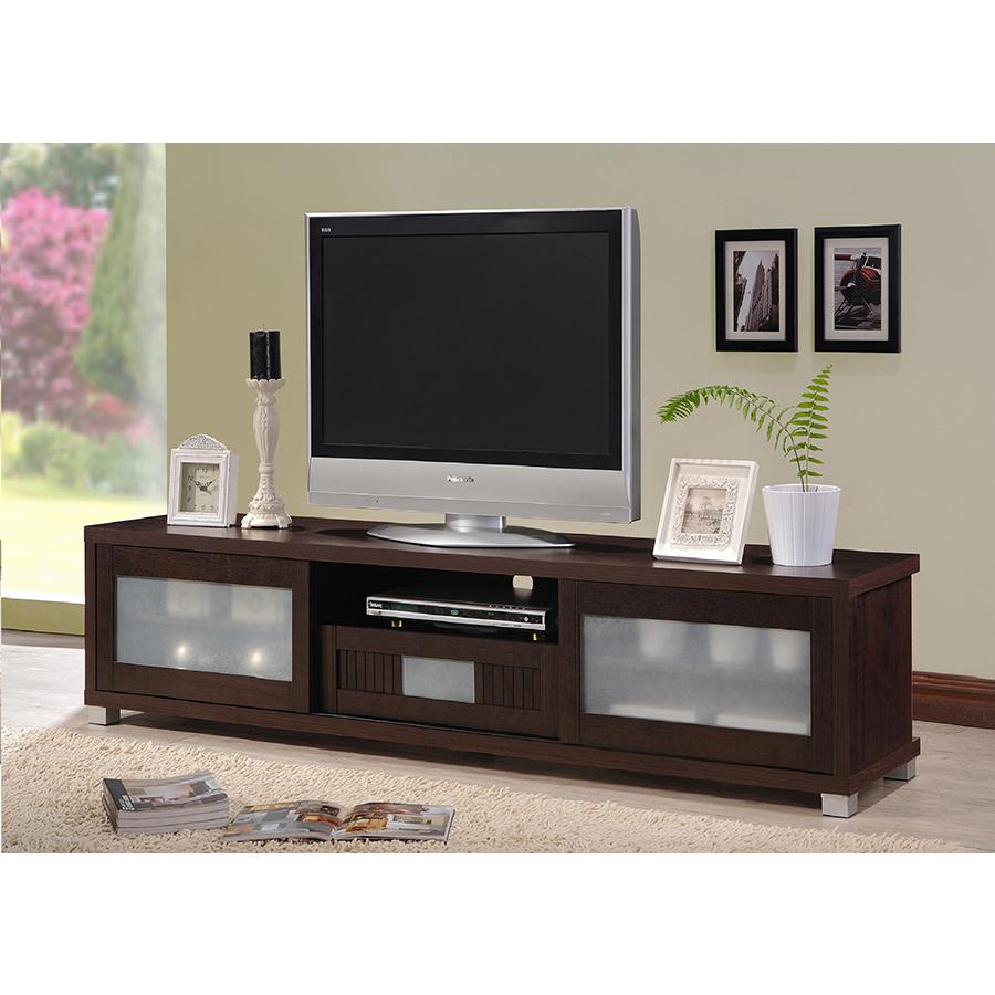 Gerhardine Dark Brown Wood 70-inch TV Cabinet with 2 Sliding Doors and Drawer. Picture 6