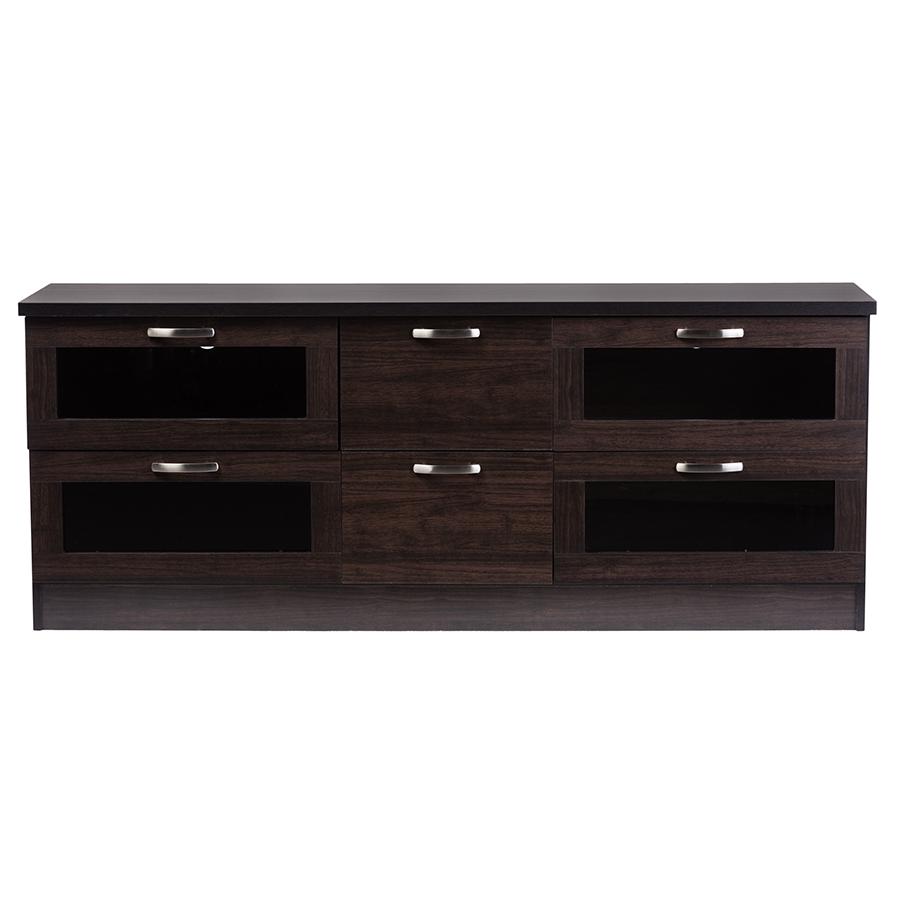 Adelino 63 Inches Dark Brown Wood TV Cabinet with 4 Glass Doors and 2 Drawers. Picture 5