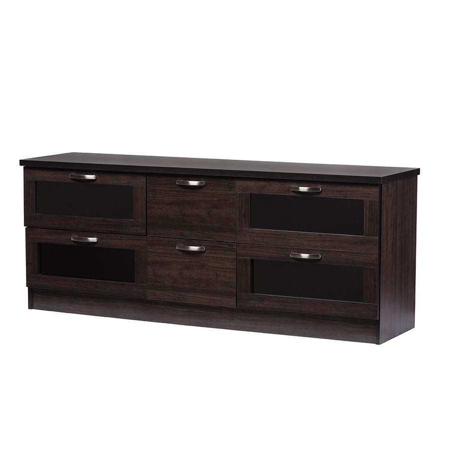 Adelino 63 Inches Dark Brown Wood TV Cabinet with 4 Glass Doors and 2 Drawers. Picture 1