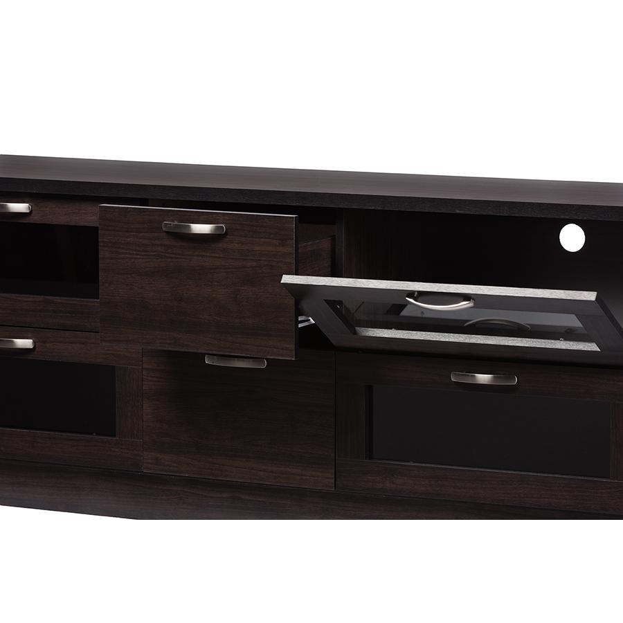 Adelino 63 Inches Dark Brown Wood TV Cabinet with 4 Glass Doors and 2 Drawers. Picture 2