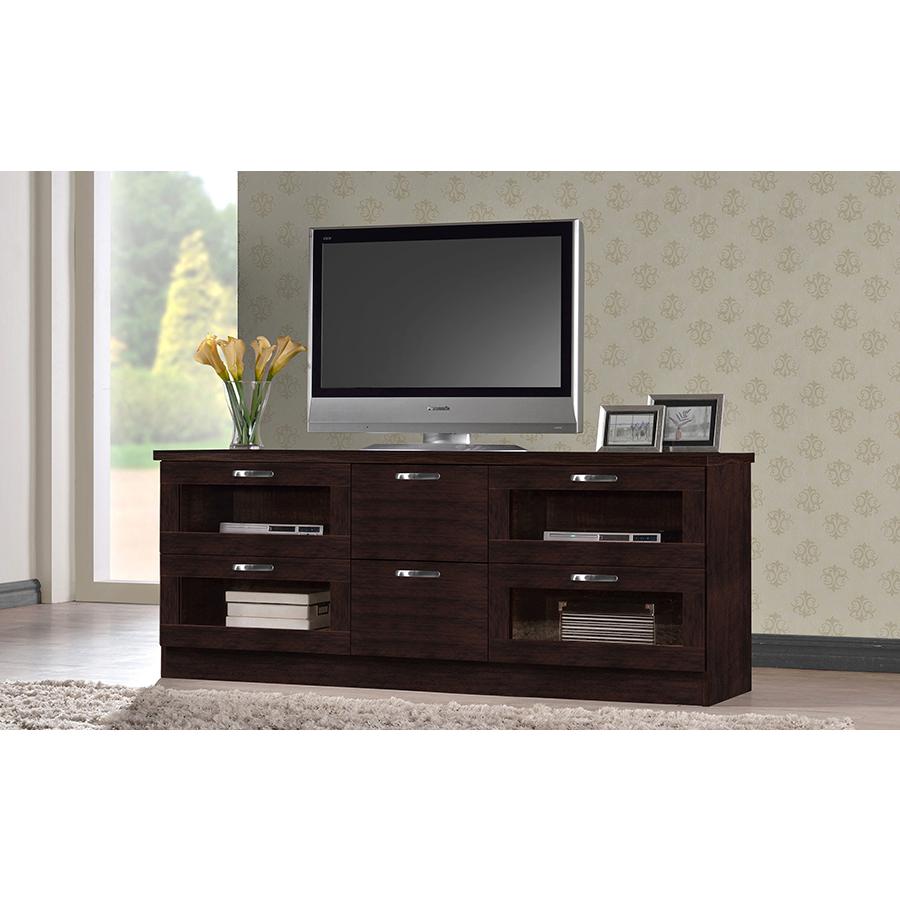 Adelino 63 Inches Dark Brown Wood TV Cabinet with 4 Glass Doors and 2 Drawers. Picture 4