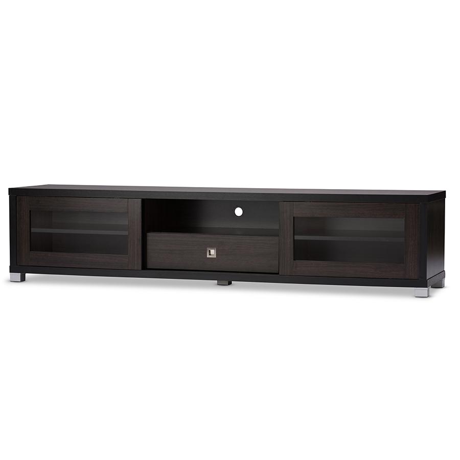 Beasley 70-Inch Dark Brown TV Cabinet with 2 Sliding Doors and Drawer. Picture 1