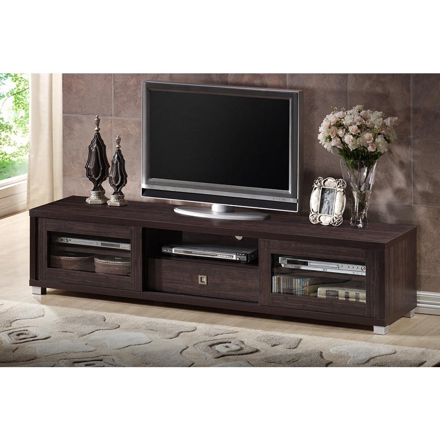 Beasley 70-Inch Dark Brown TV Cabinet with 2 Sliding Doors and Drawer. Picture 6