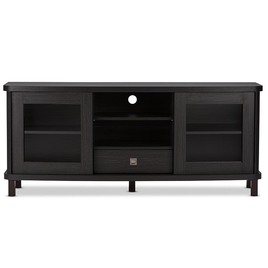 60-Inch Dark Brown Wood TV Cabinet with 2 Sliding Doors 1 Drawer. Picture 1