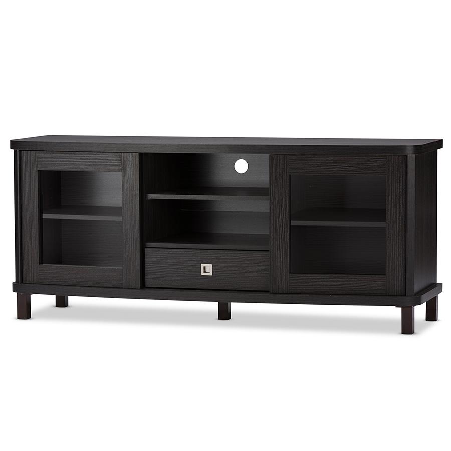 60-Inch Greyish Dark Brown Wood TV Cabinet with 2 Sliding Doors and 1 Drawer. Picture 1