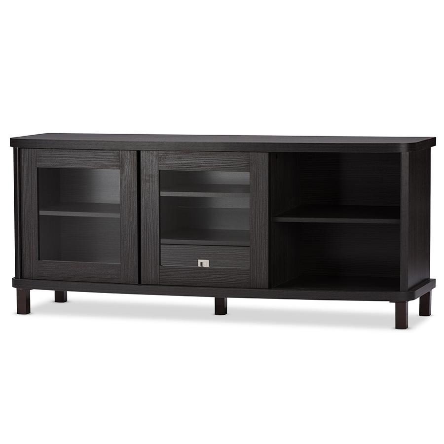 60-Inch Greyish Dark Brown Wood TV Cabinet with 2 Sliding Doors and 1 Drawer. Picture 2