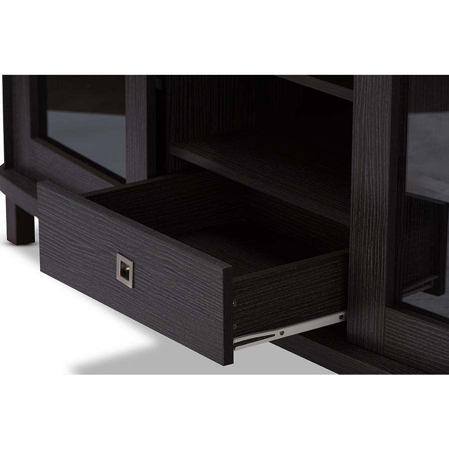 60-Inch Greyish Dark Brown Wood TV Cabinet with 2 Sliding Doors and 1 Drawer. Picture 5