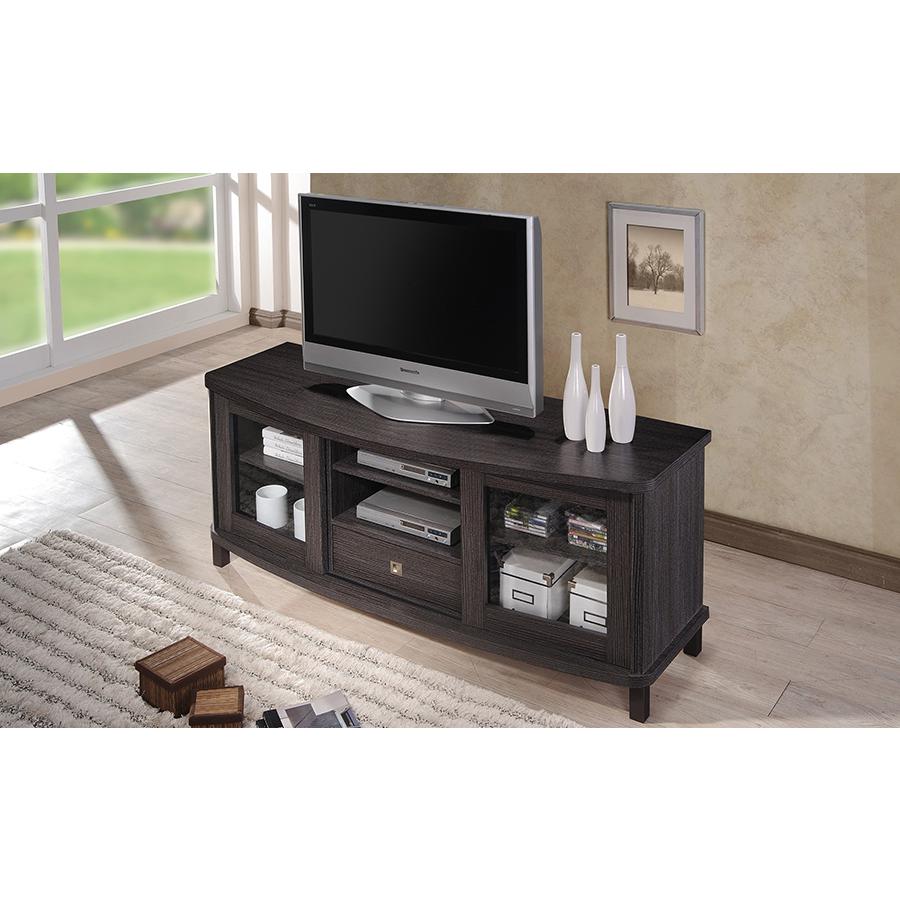 60-Inch Greyish Dark Brown Wood TV Cabinet with 2 Sliding Doors and 1 Drawer. Picture 6