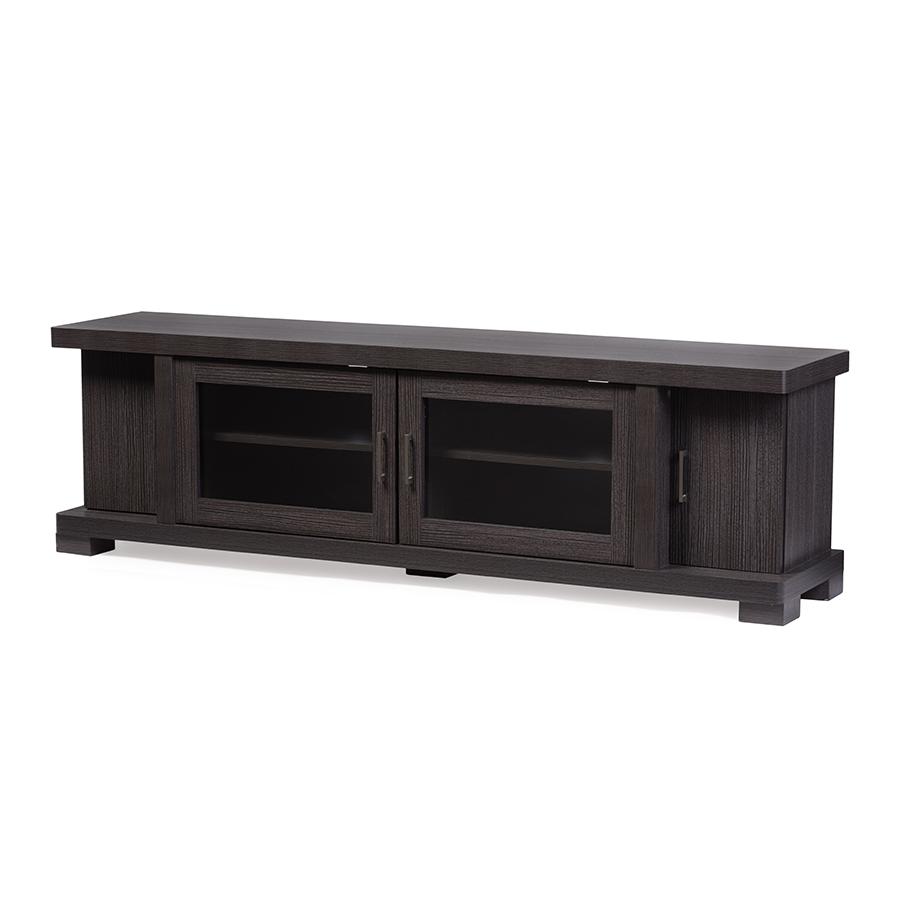 70-Inch Dark Brown Wood TV Cabinet with 2 Glass Doors 2 Doors. Picture 2