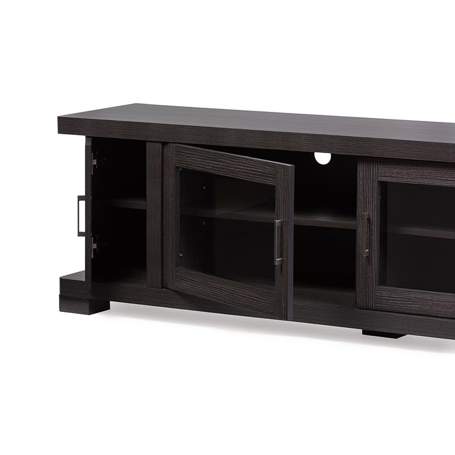 70-Inch Dark Brown Wood TV Cabinet with 2 Glass Doors 2 Doors. Picture 3