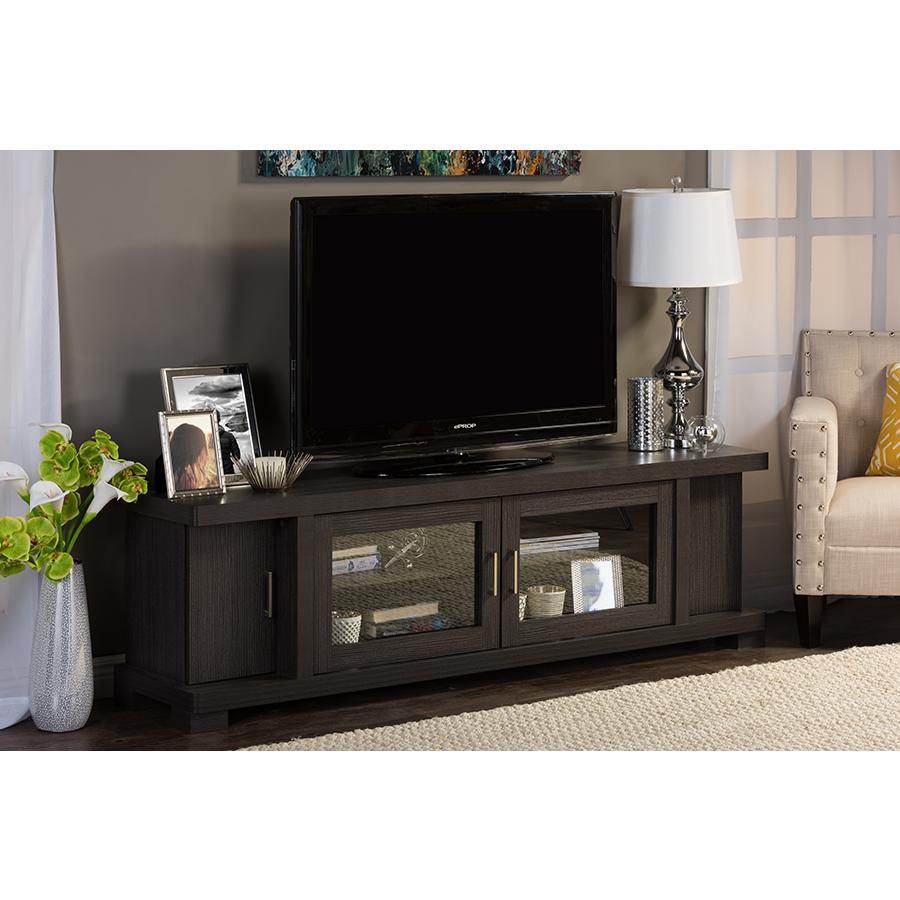 Viveka 70-Inch Greyish Dark Brown Wood TV Cabinet with 2 Glass Doors and 2 Doors. Picture 4