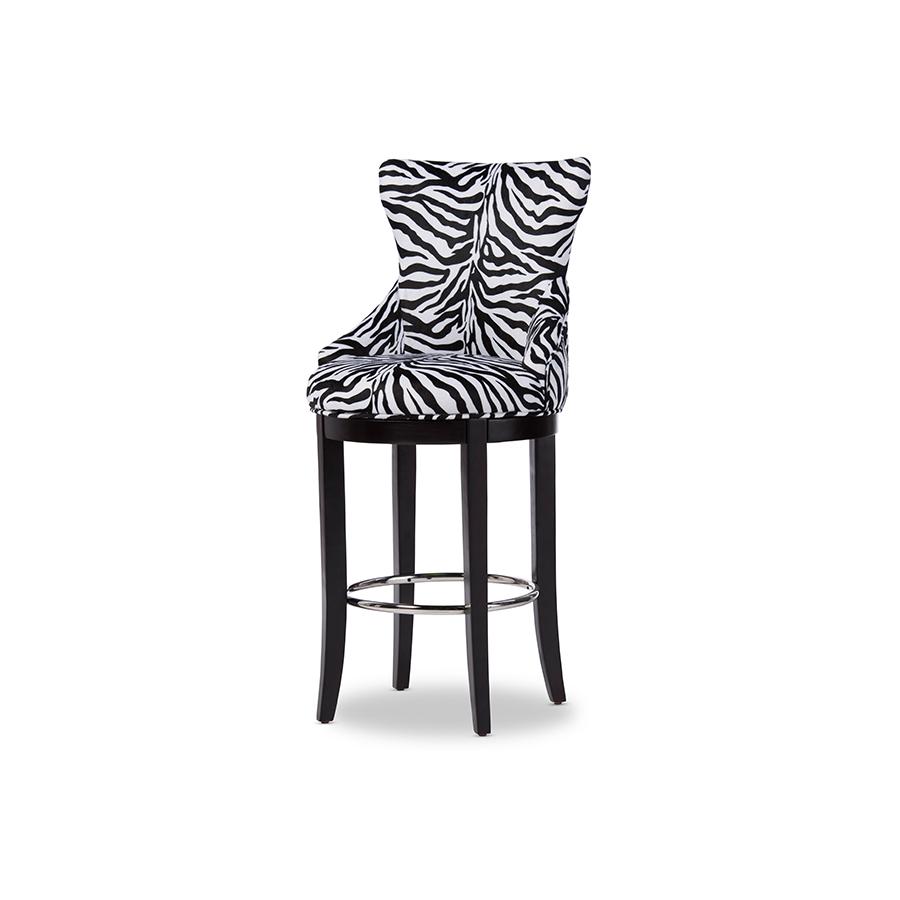 Zebra-print Patterned Fabric Upholstered Bar Stool with Metal Footrest. Picture 6