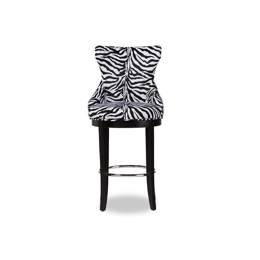 Zebra-print Patterned Fabric Upholstered Bar Stool with Metal Footrest. Picture 1