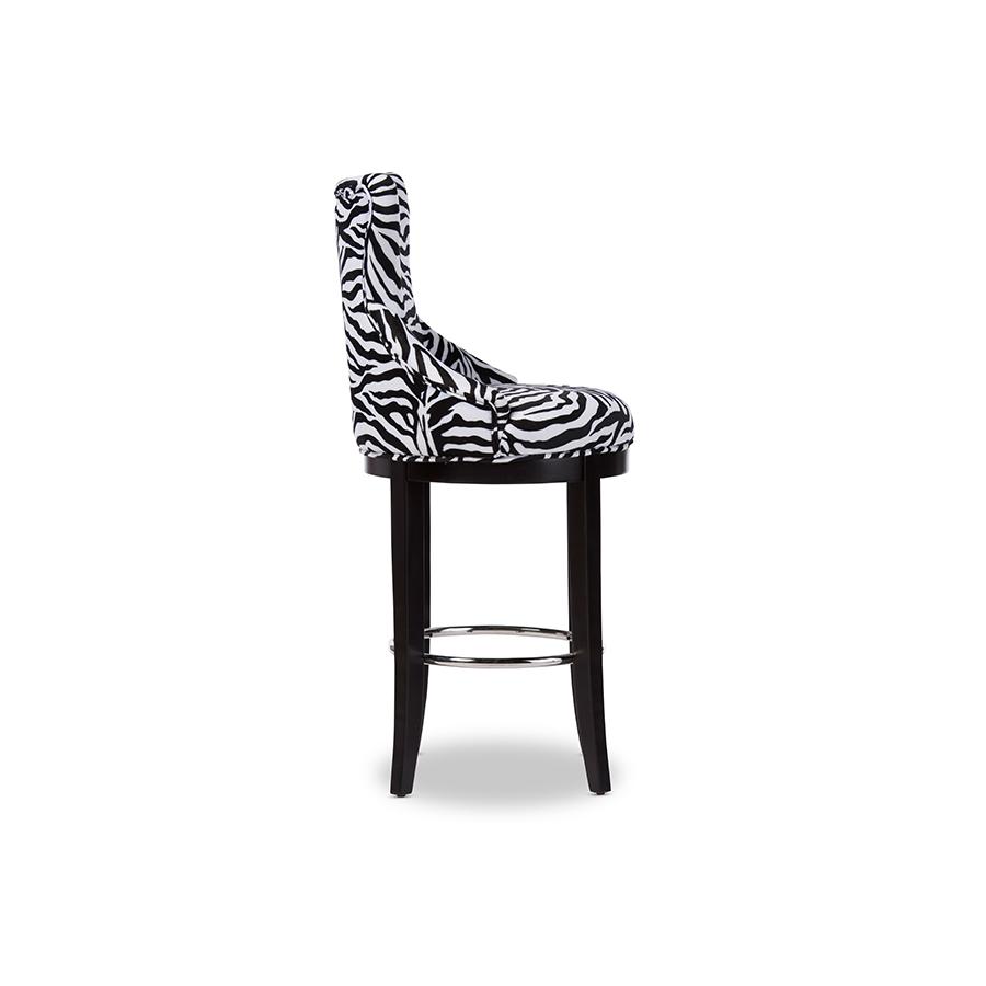 Zebra-print Patterned Fabric Upholstered Bar Stool with Metal Footrest. Picture 2