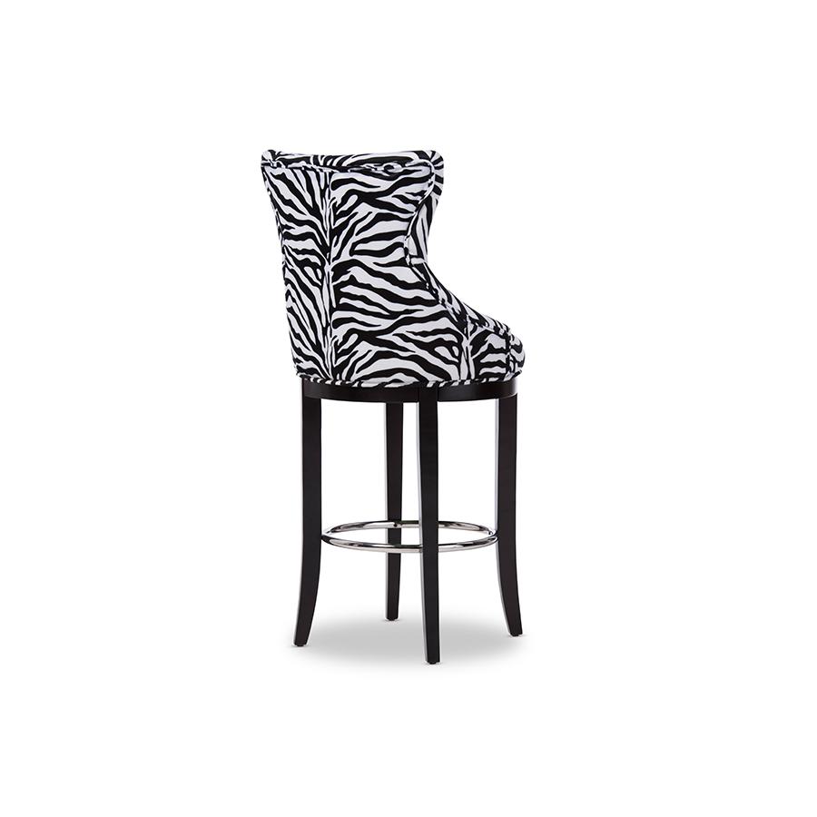 Zebra-print Patterned Fabric Upholstered Bar Stool with Metal Footrest. Picture 3