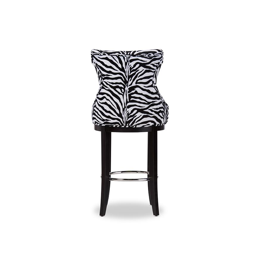 Zebra-print Patterned Fabric Upholstered Bar Stool with Metal Footrest. Picture 4