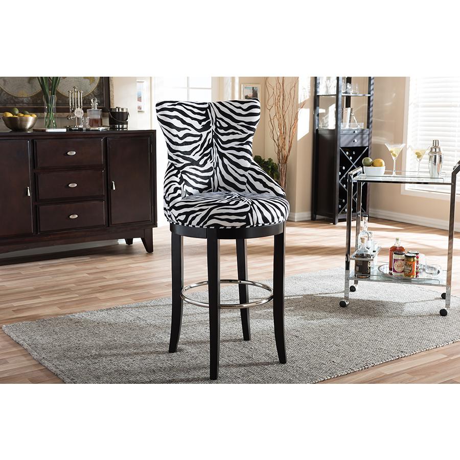 Zebra-print Patterned Fabric Upholstered Bar Stool with Metal Footrest. Picture 5