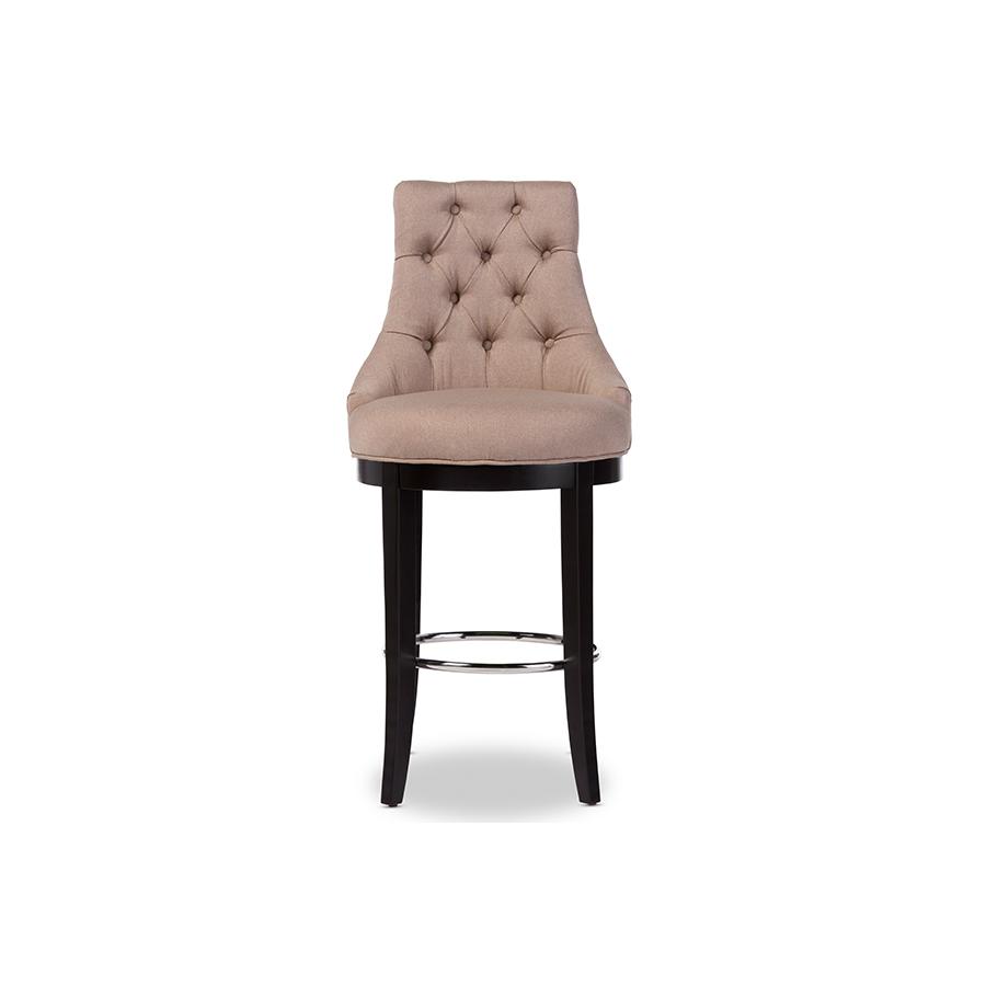 Button-tufted Beige Fabric Upholstered Bar Stool with Metal Footrest. Picture 6