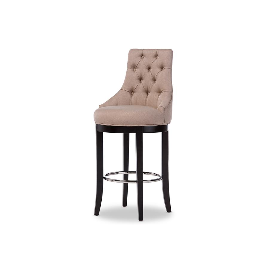 Button-tufted Beige Fabric Upholstered Bar Stool with Metal Footrest. Picture 1