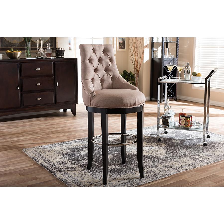 Button-tufted Beige Fabric Upholstered Bar Stool with Metal Footrest. Picture 5