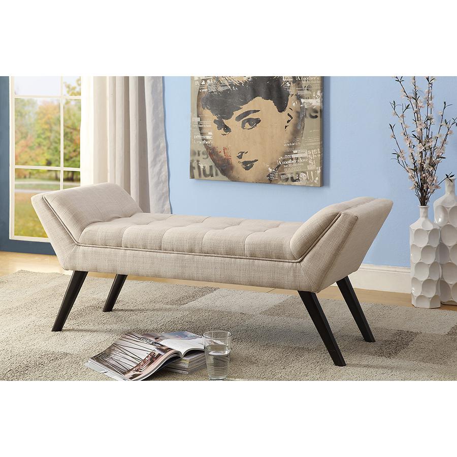 Retro Beige Linen Fabric Upholstered Grid-Tufting 50-Inch Bench. Picture 3