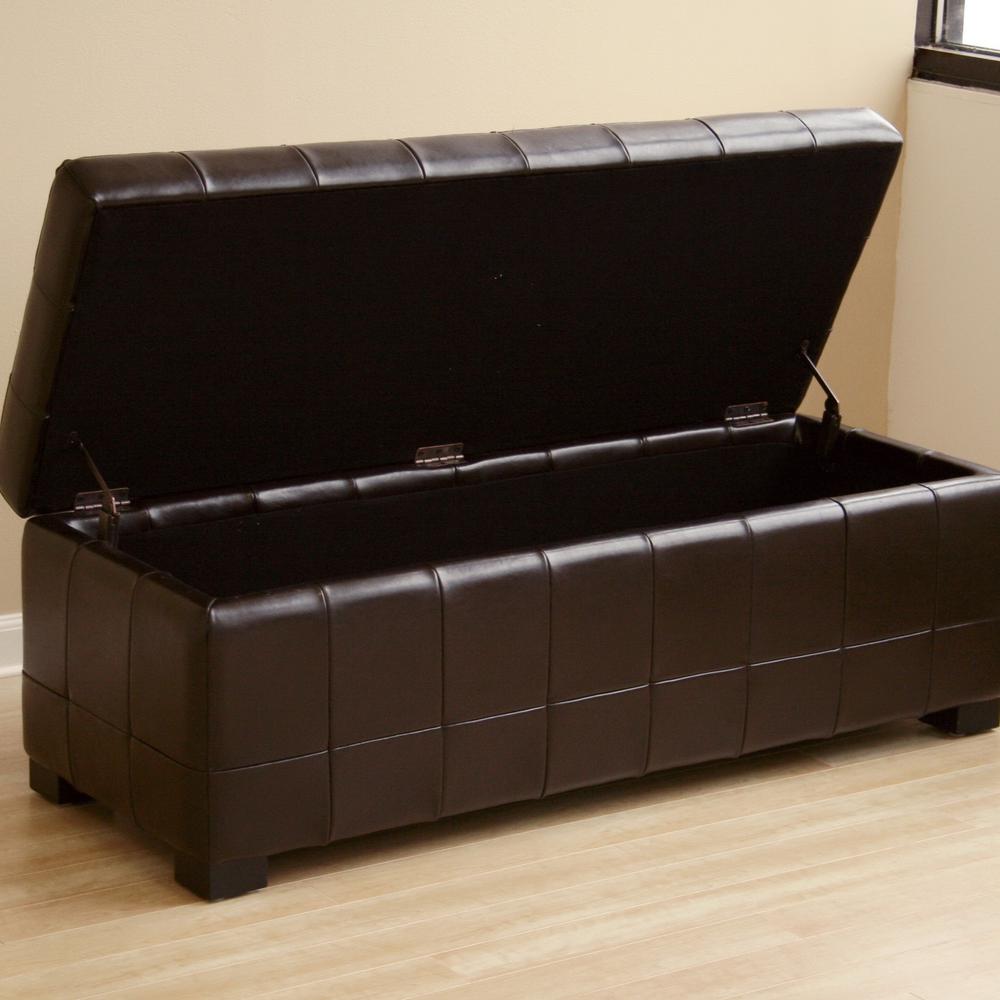 Dark Brown Full Leather Storage Bench Ottoman with Dimples. Picture 2