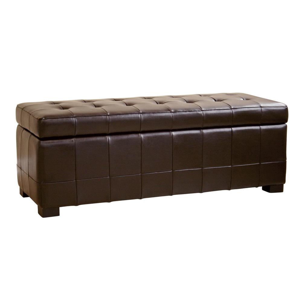 Dark Brown Full Leather Storage Bench Ottoman with Dimples. Picture 1
