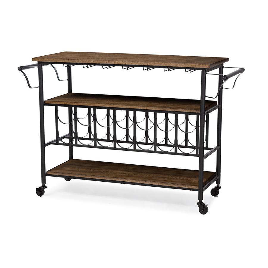 Textured Finish Metal Distressed Wood Mobile Kitchen Bar Serving Wine Cart. Picture 1