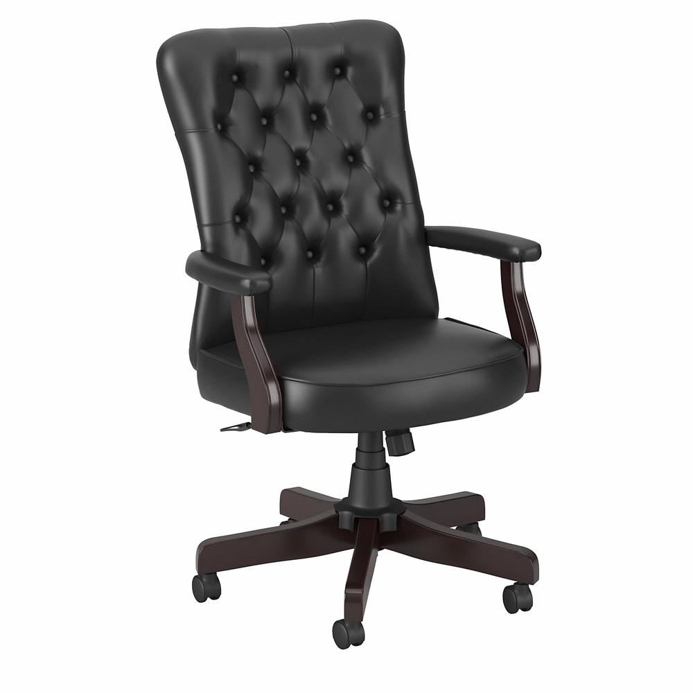 High Back Tufted Office Chair with Arms Black Leather. Picture 1