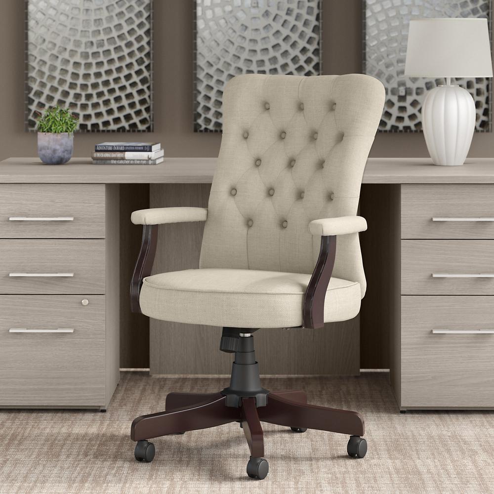 High Back Tufted Office Chair with Arms Cream Fabric. Picture 2