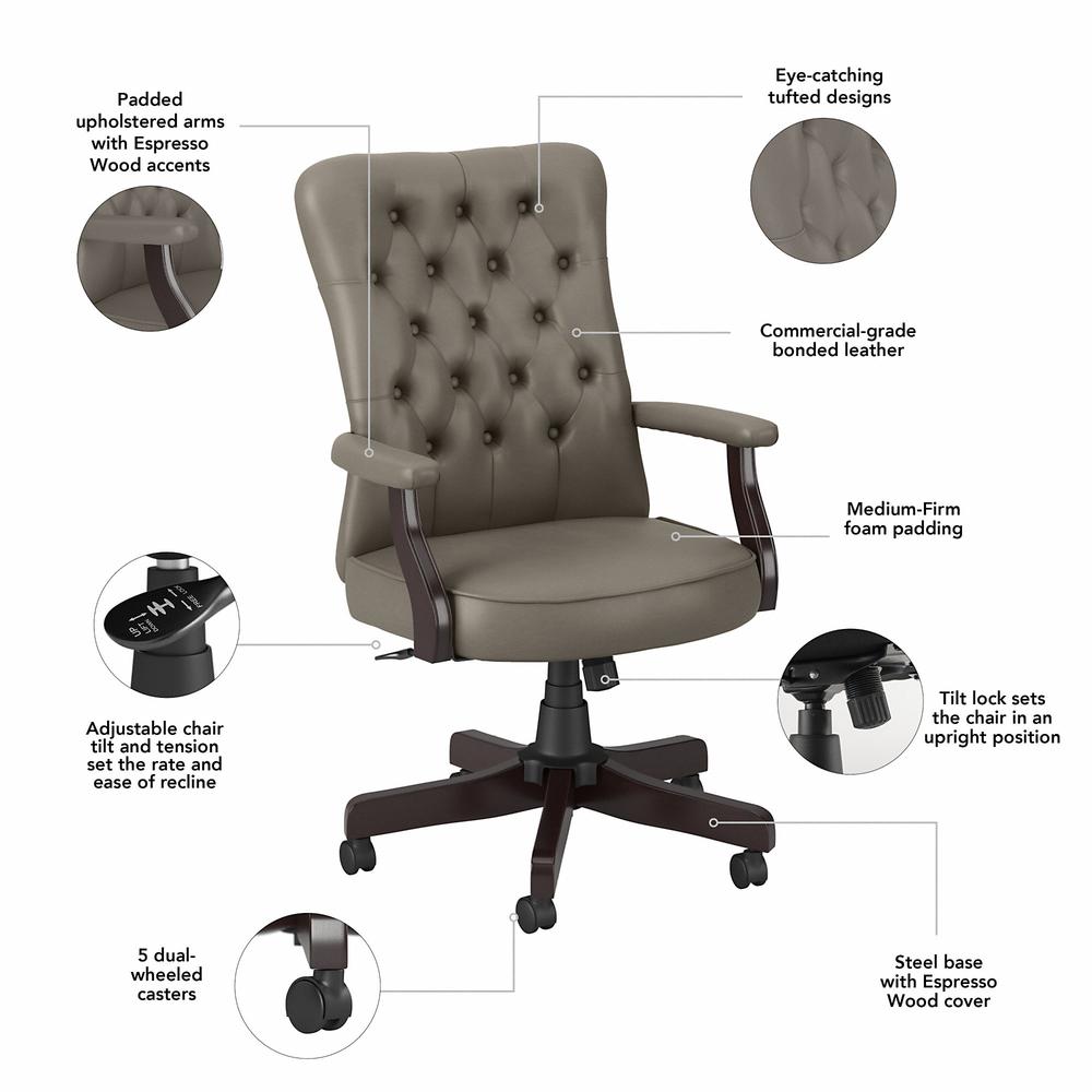 High Back Tufted Office Chair with Arms, Washed Gray Leather. Picture 3
