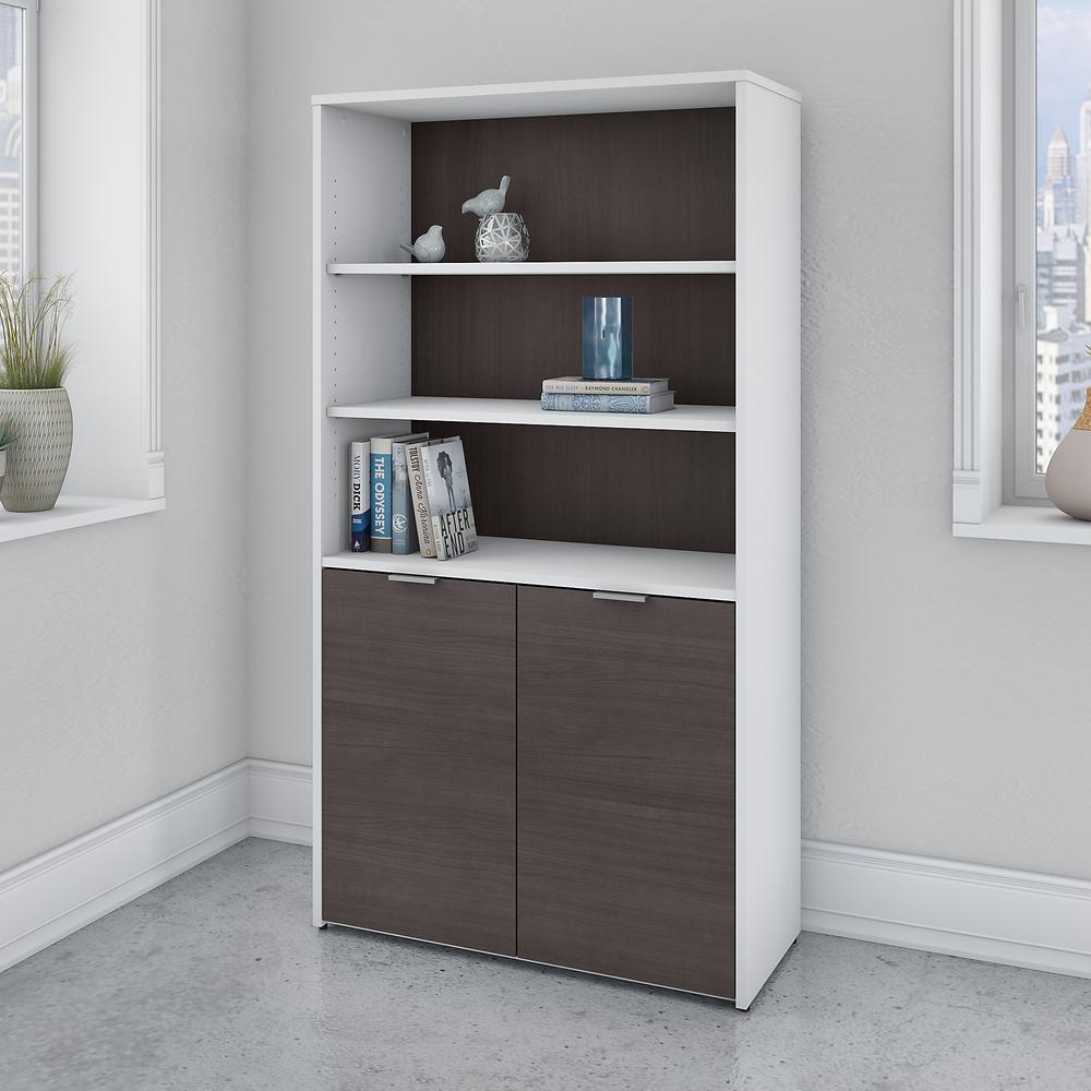 Bush Business Furniture Jamestown 5 Shelf Bookcase with Doors, Storm Gray/White. Picture 2