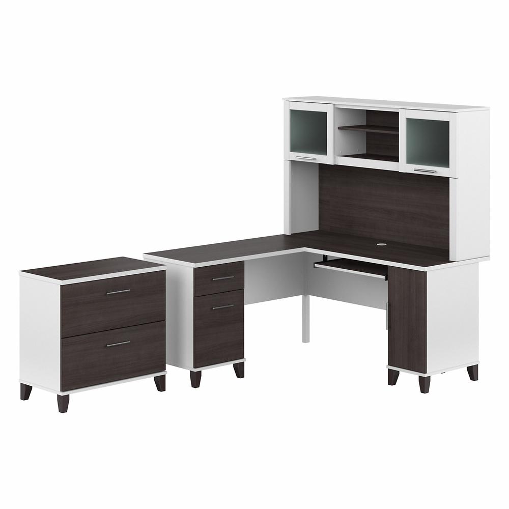 Bush Furniture Somerset 60W L Shaped Desk with Hutch and Lateral File Cabinet, Storm Gray/White. Picture 1
