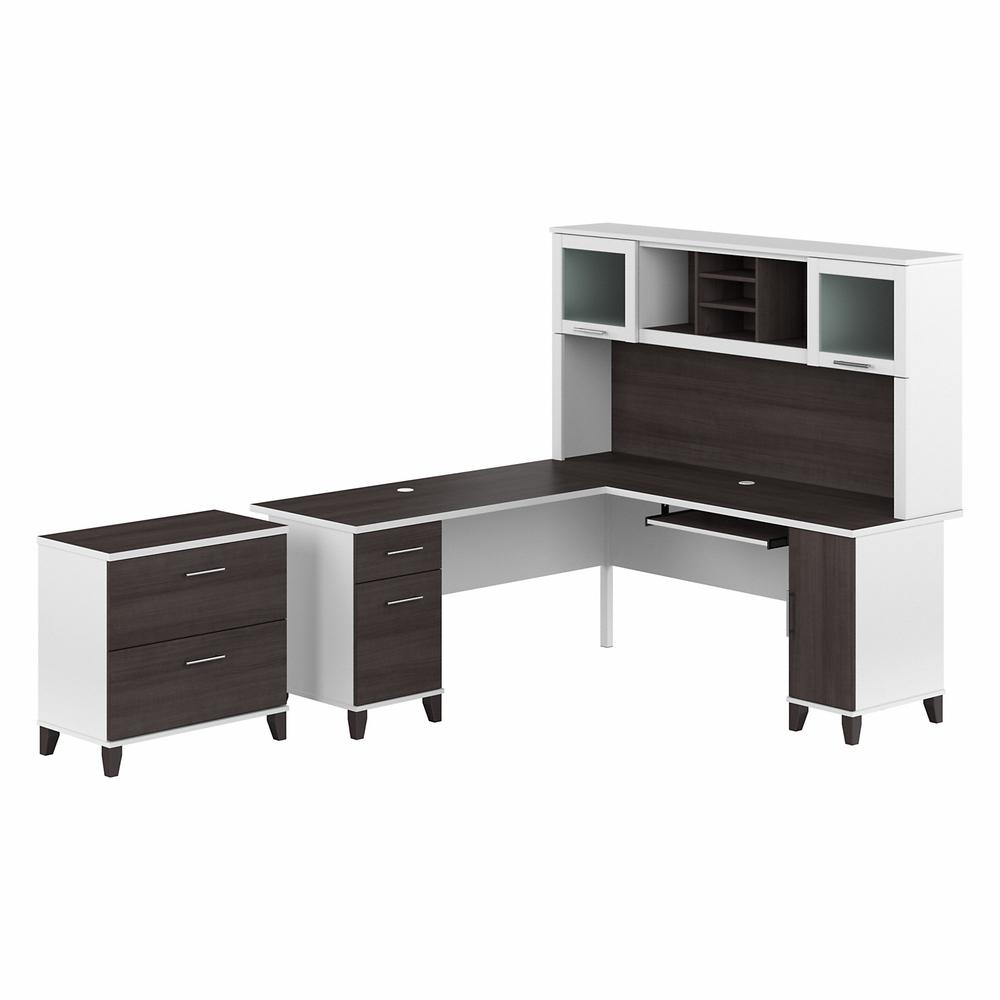 Bush Furniture Somerset 72W L Shaped Desk with Hutch and Lateral File Cabinet, Storm Gray/White. Picture 1