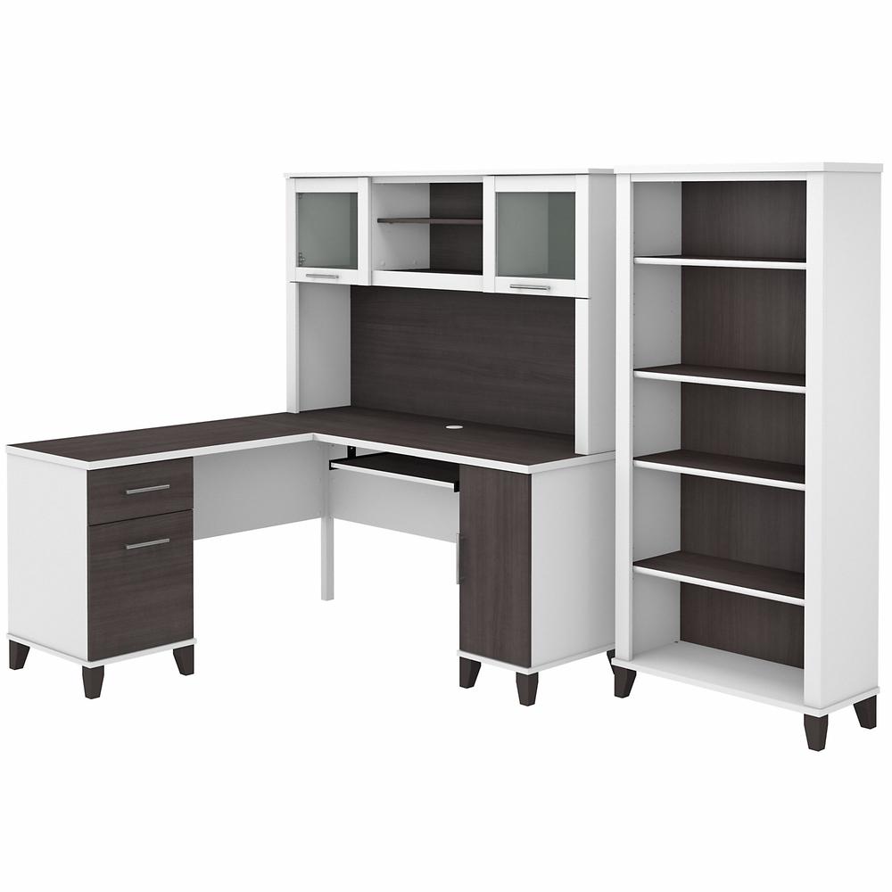 Bush Furniture Somerset 60W L Shaped Desk with Hutch and 5 Shelf Bookcase, Storm Gray/White. Picture 1