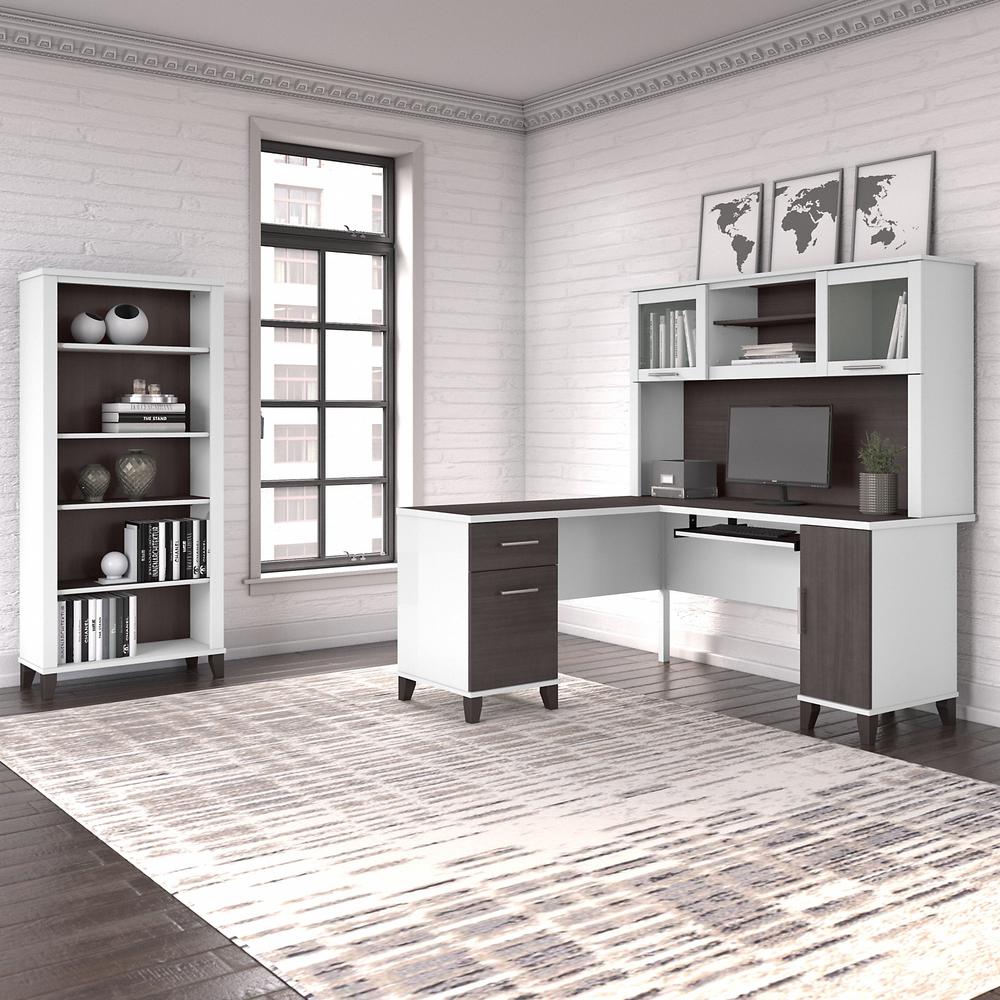 Bush Furniture Somerset 60W L Shaped Desk with Hutch and 5 Shelf Bookcase, Storm Gray/White. Picture 2