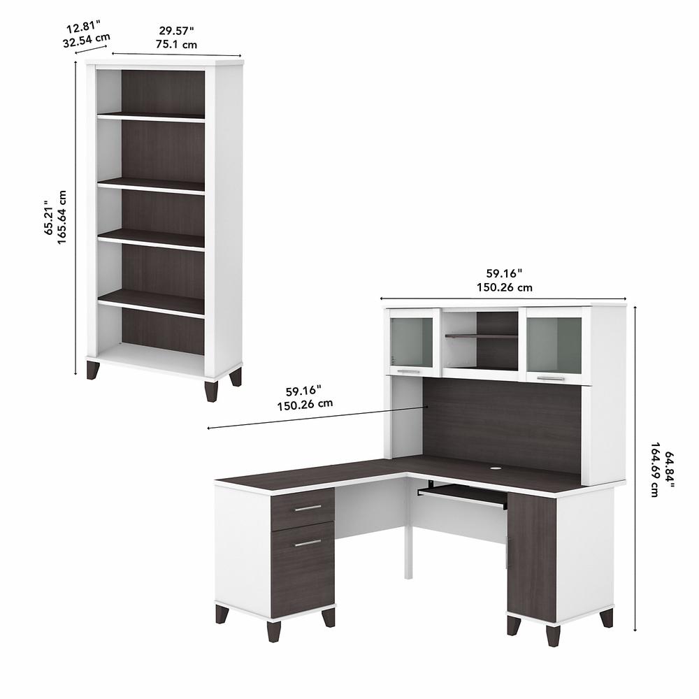 Bush Furniture Somerset 60W L Shaped Desk with Hutch and 5 Shelf Bookcase, Storm Gray/White. Picture 5