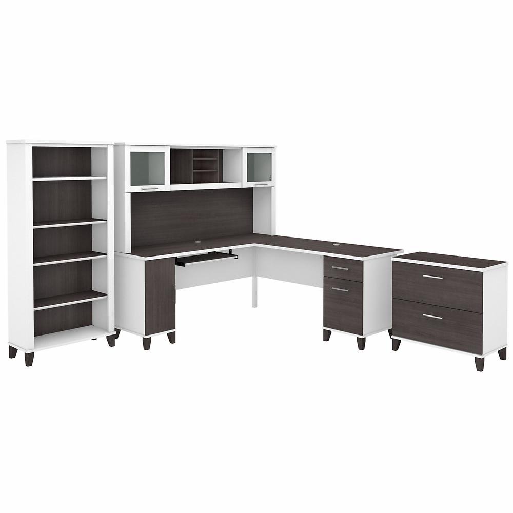 72W L Shaped Desk with Hutch, Lateral File Cabinet and Bookcase Storm Gray/White. Picture 1