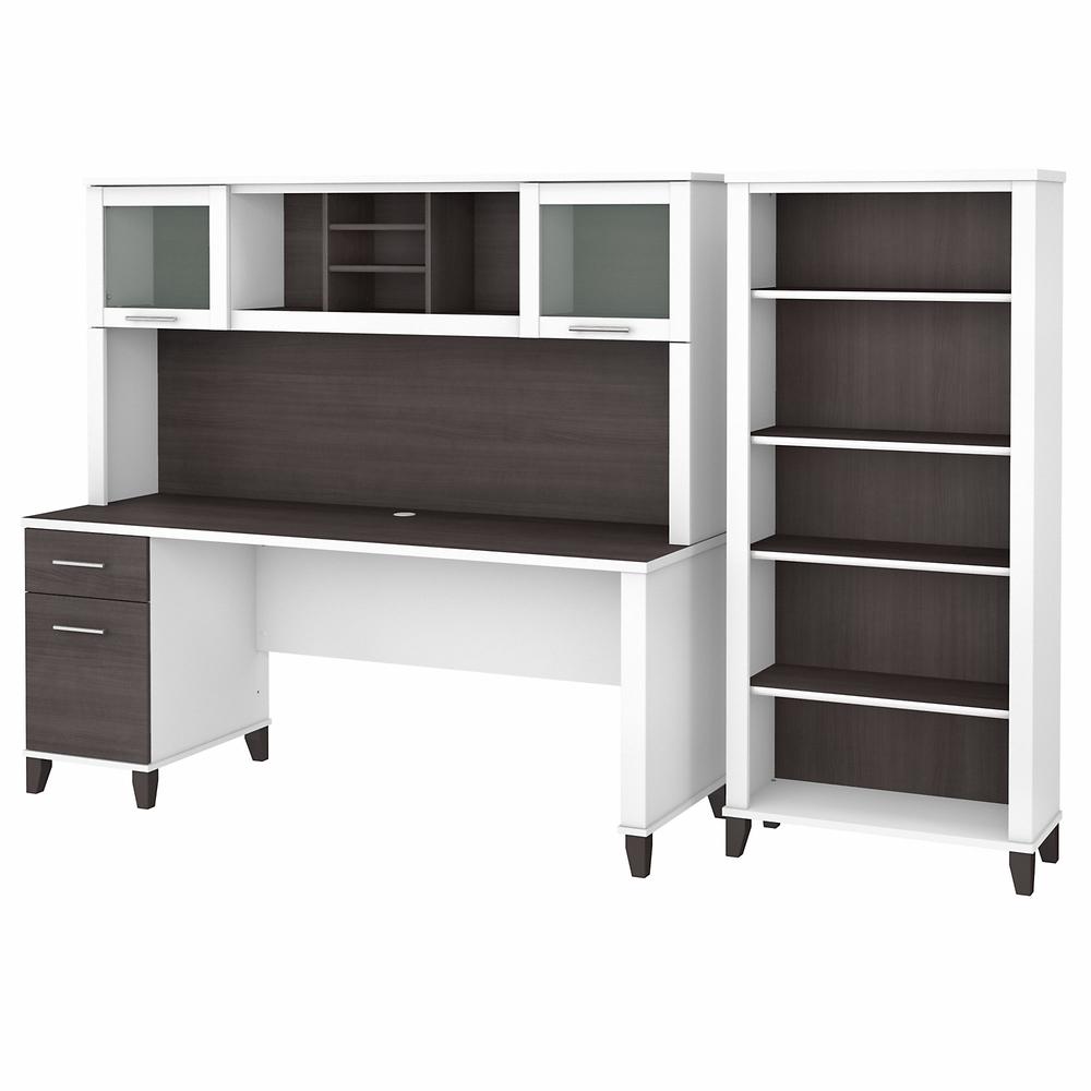 Bush Furniture Somerset 72W Office Desk with Hutch and 5 Shelf Bookcase, Storm Gray/White. Picture 1