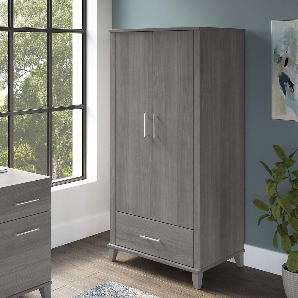 Bush Furniture Somerset Tall Kitchen Pantry Cabinet with Doors and Drawer, Platinum Gray. Picture 16
