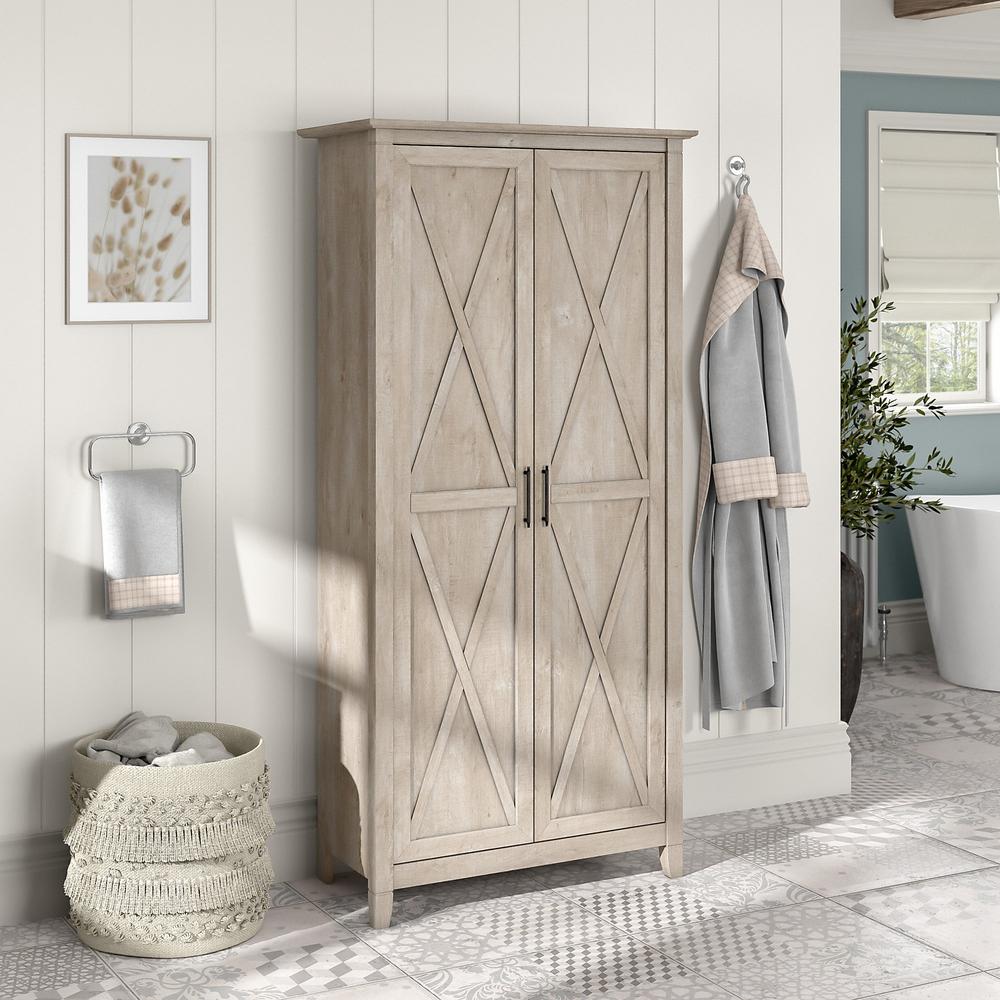 Bush Furniture Key West Bathroom Storage Cabinet with Doors in Washed Gray. Picture 2