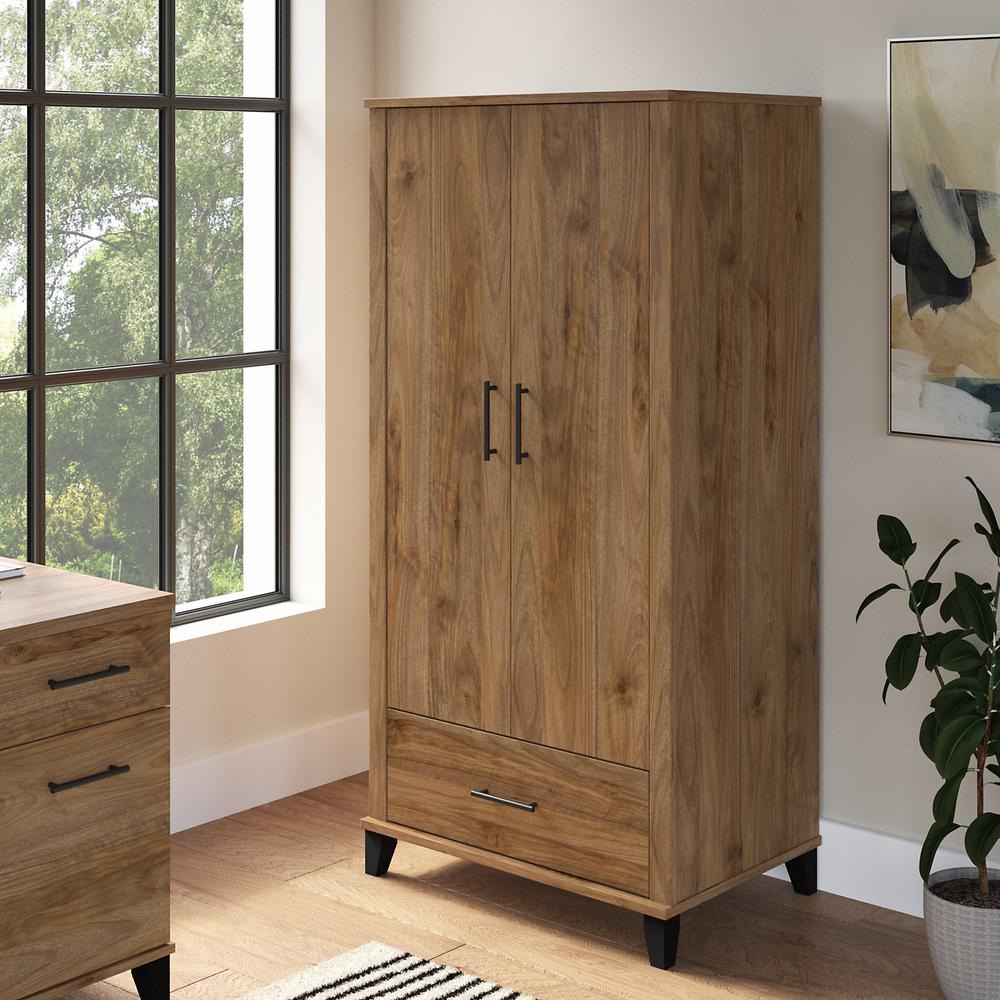 Bush Furniture Somerset Tall Storage Cabinet with Doors and Drawer, Fresh Walnut. Picture 2