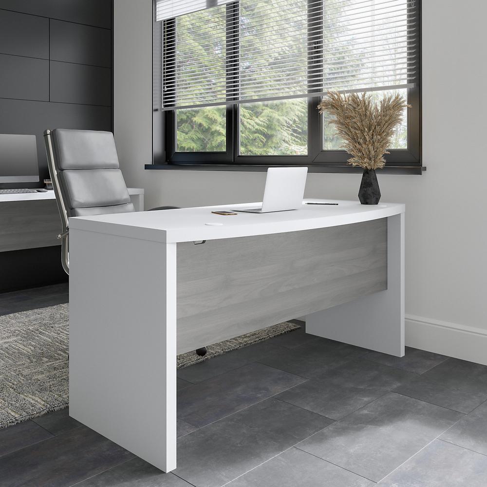 Echo 60W Bow Front Desk in Pure White and Modern Gray. Picture 2